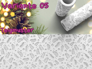 Weihnachtlicher Teigroller mit Nadelbaum-Motiv auf Teig, Variante 05, festliche Backmuster für kreative Plätzchen.