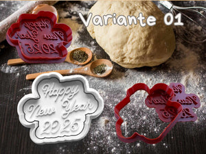 Happy New Year 2025 cookie cutter set on a baking surface with dough, perfect for New Year's celebration treats.