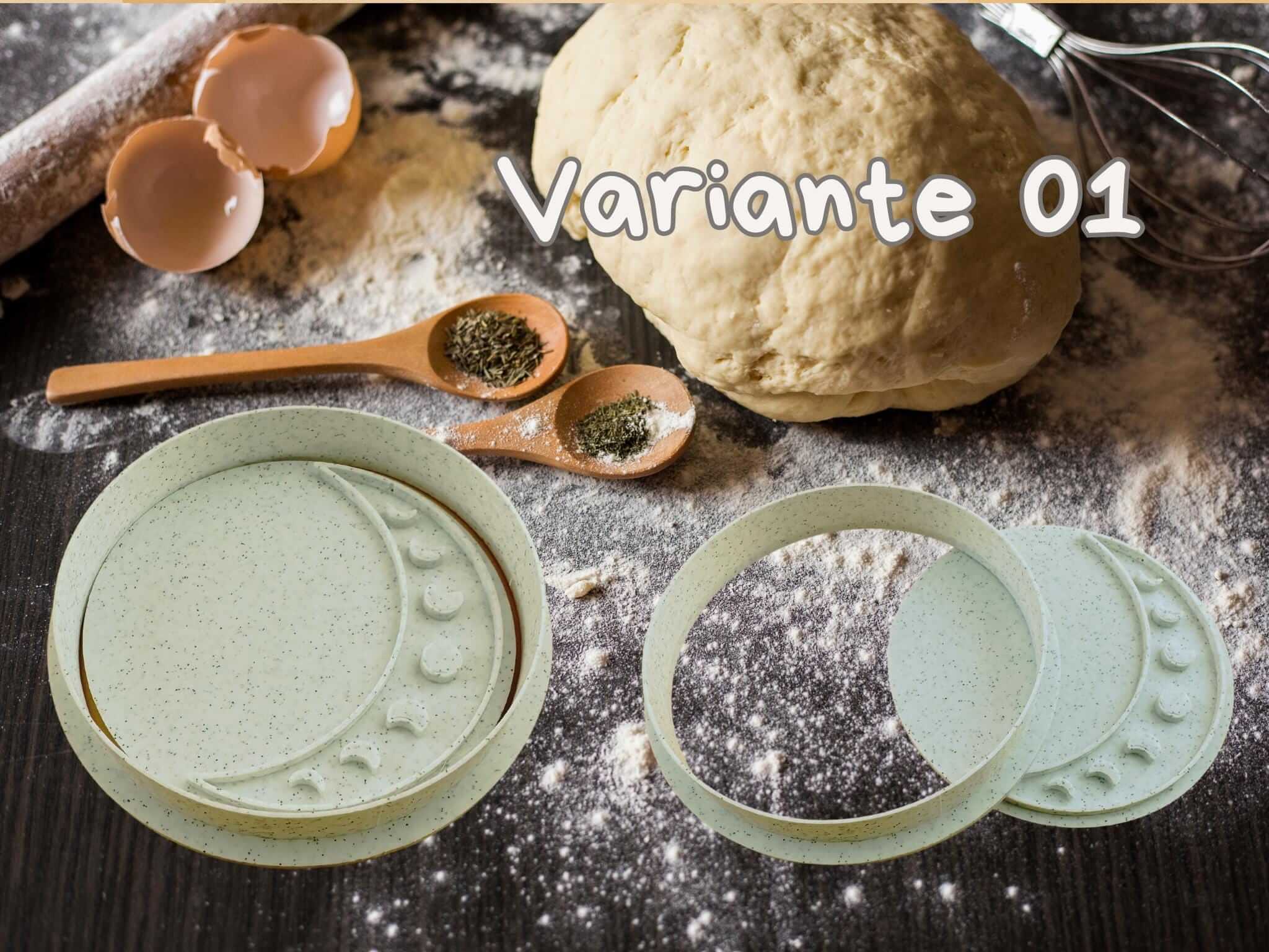 Mystical moon phase cookie cutter set with dough and spices, perfect for baking themed treats.