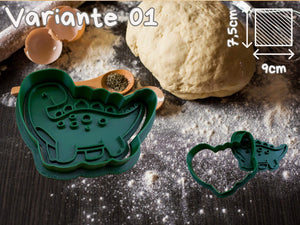 Stegosaurus cookie cutter on baking table with dough and eggs, perfect for dinosaur-themed treats and creative baking fun.