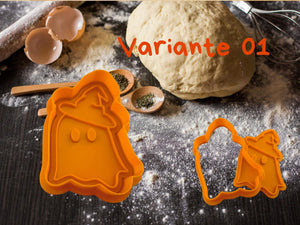 Geister Keks-Ausstecher in Orange mit Hexenhut für Halloween, umgeben von Backutensilien.