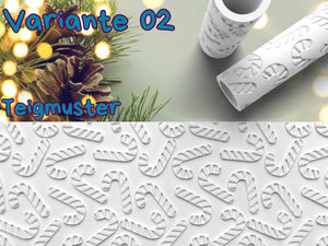 Weihnachtlicher Teigroller mit Zuckerstangen-Muster für festliche Bäckerei-Kreationen.