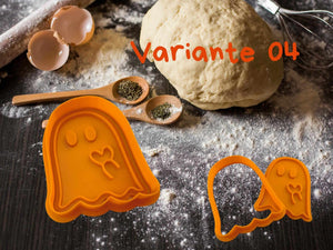 Orange ghost cookie cutter on a floured surface, perfect for Halloween baking fun!