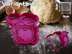 Valentinstag Gnome cookie cutter with heart designs on a floured surface, perfect for romantic baking.