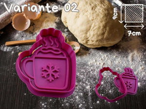 Winter cookie cutter in mug shape with snowflake design, perfect for holiday baking, shown on floured countertop with baking tools.