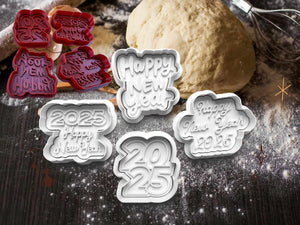 Alt Tag: Happy New Year 2025 cookie cutters in festive shapes for creative baking projects displayed with dough and flour.