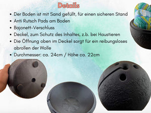 Garnschale mit Deckel, Bajonettverschluss und rutschfester Basis für sicheres Stricken und Häkeln.