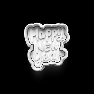 "Happy New Year 2025 cookie cutter with festive design on black background - perfect for New Year baking and celebrations"