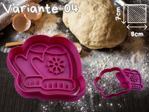 Winter-themed mitten cookie cutter with dough and baking tools, perfect for festive cookie making, made of durable PETG plastic.
