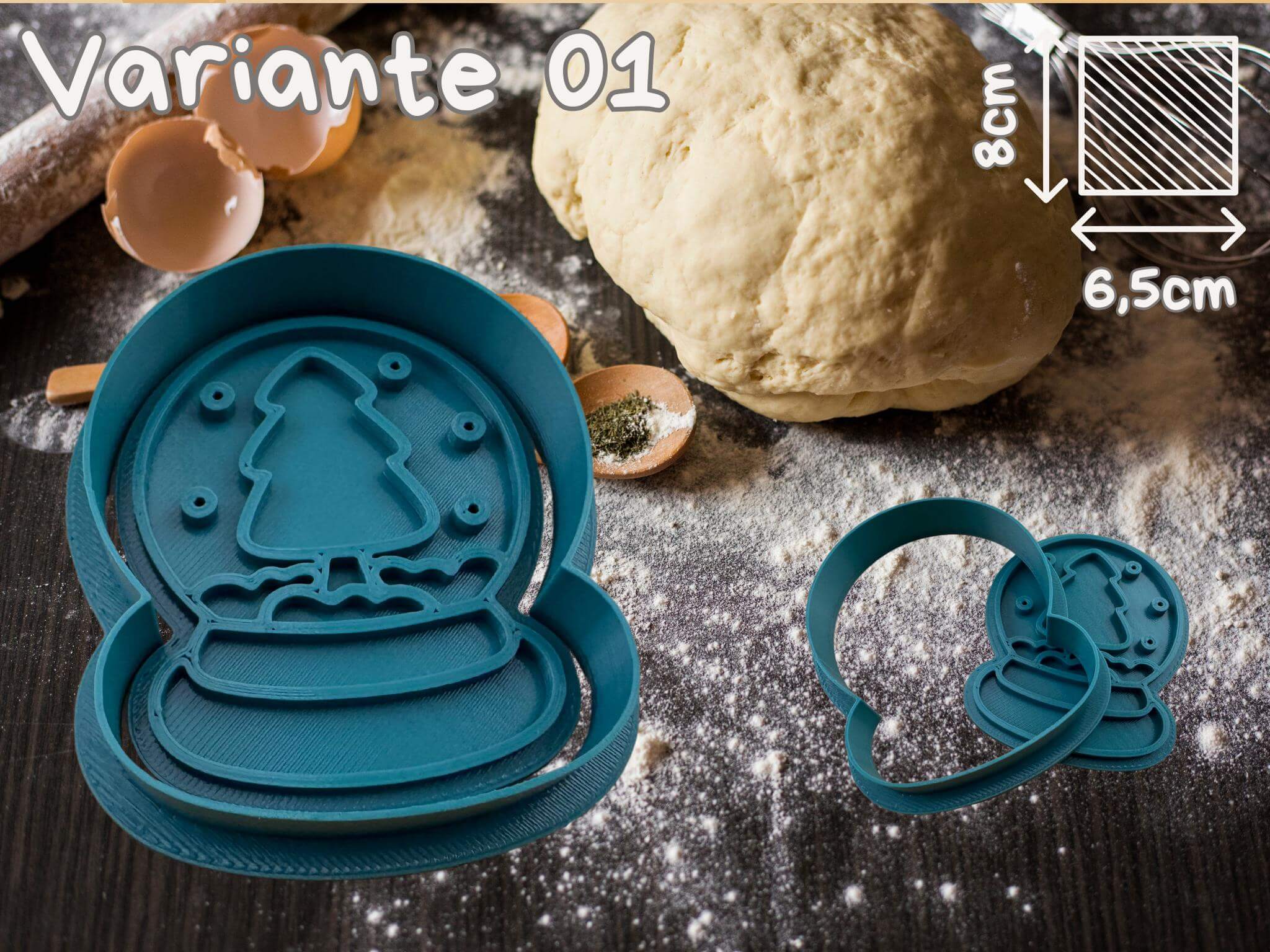 Festive Christmas cookie cutters in snow globe shape on flour-covered table, perfect for holiday baking.