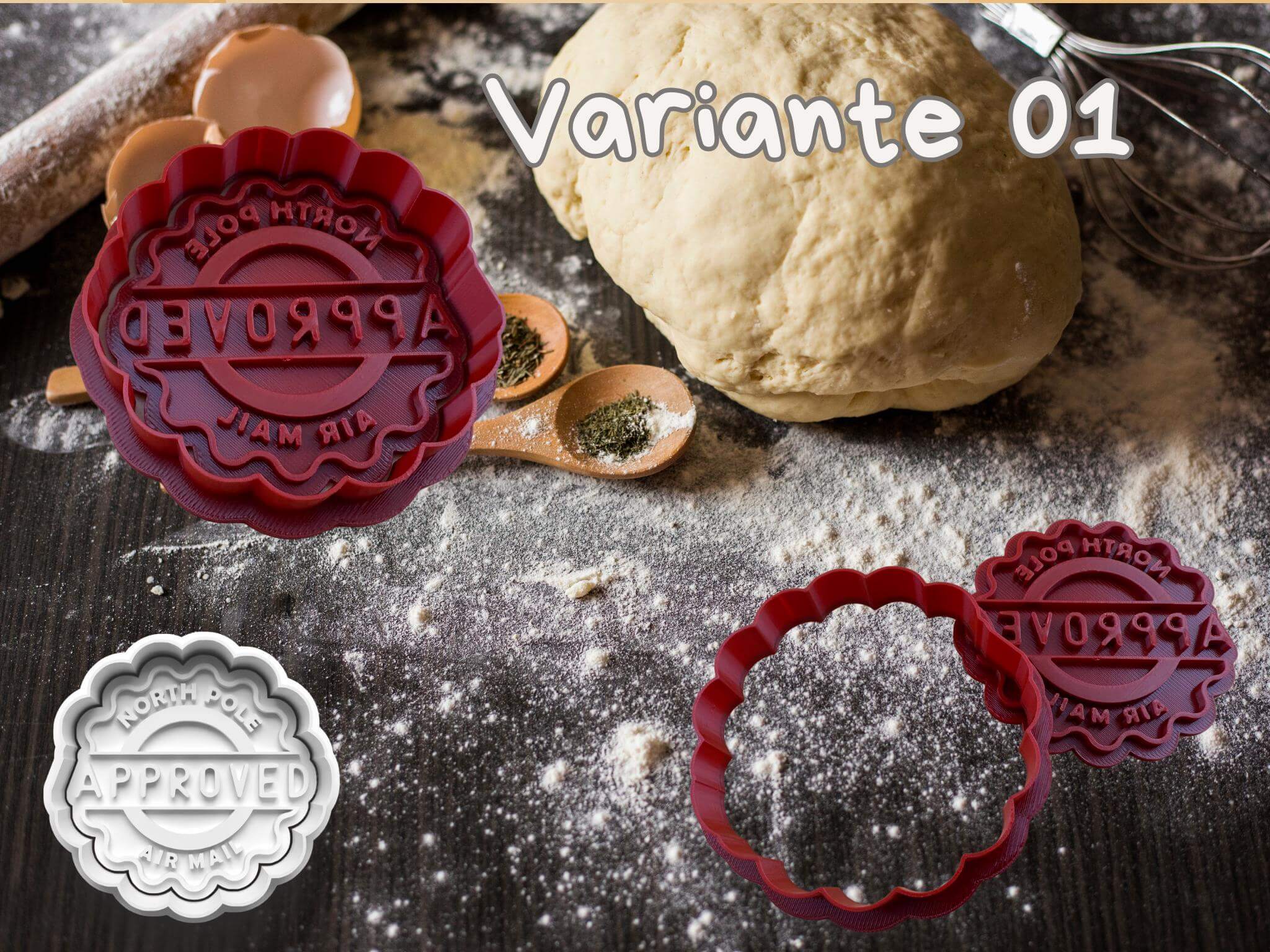 Festive 'North Pole Approved' Christmas cookie stamp with dough and spices for holiday baking magic.