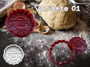 Festive 'North Pole Approved' Christmas cookie stamp with dough and spices for holiday baking magic.