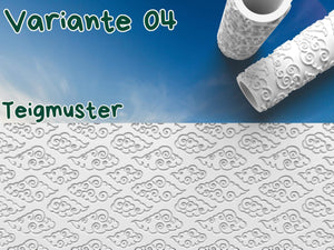 Teigroller mit Wolkenmotiven für kreative Gebäckverzierungen. Variante 04 zeigt detailreiche Teigmuster für Kekse und Fondant.