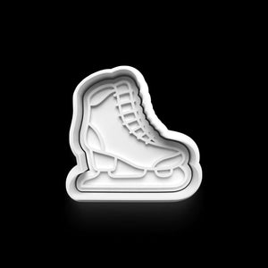 Ice skate-shaped cookie cutter in white PETG plastic, perfect for winter-themed baking and Christmas cookies.