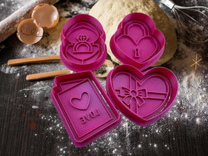 Romantic cookie cutter set featuring heart lock, engagement ring, gift heart, and love card for Valentine’s Day baking fun.