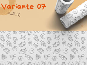 Halloween Teigroller Variante 07 mit gruseligen Motiven von Süßigkeiten und Geistern für kreative Backprojekte.