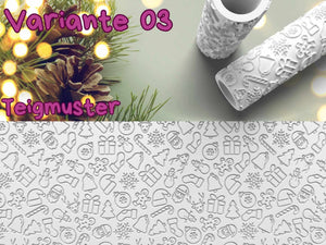 Festive rolling pin with Christmas patterns on dough with pinecones and lights