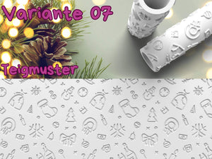 Festive Christmas pattern rolling pin for creative holiday baking with kids. Features snowmen, trees, and holiday icons. Variant 07.