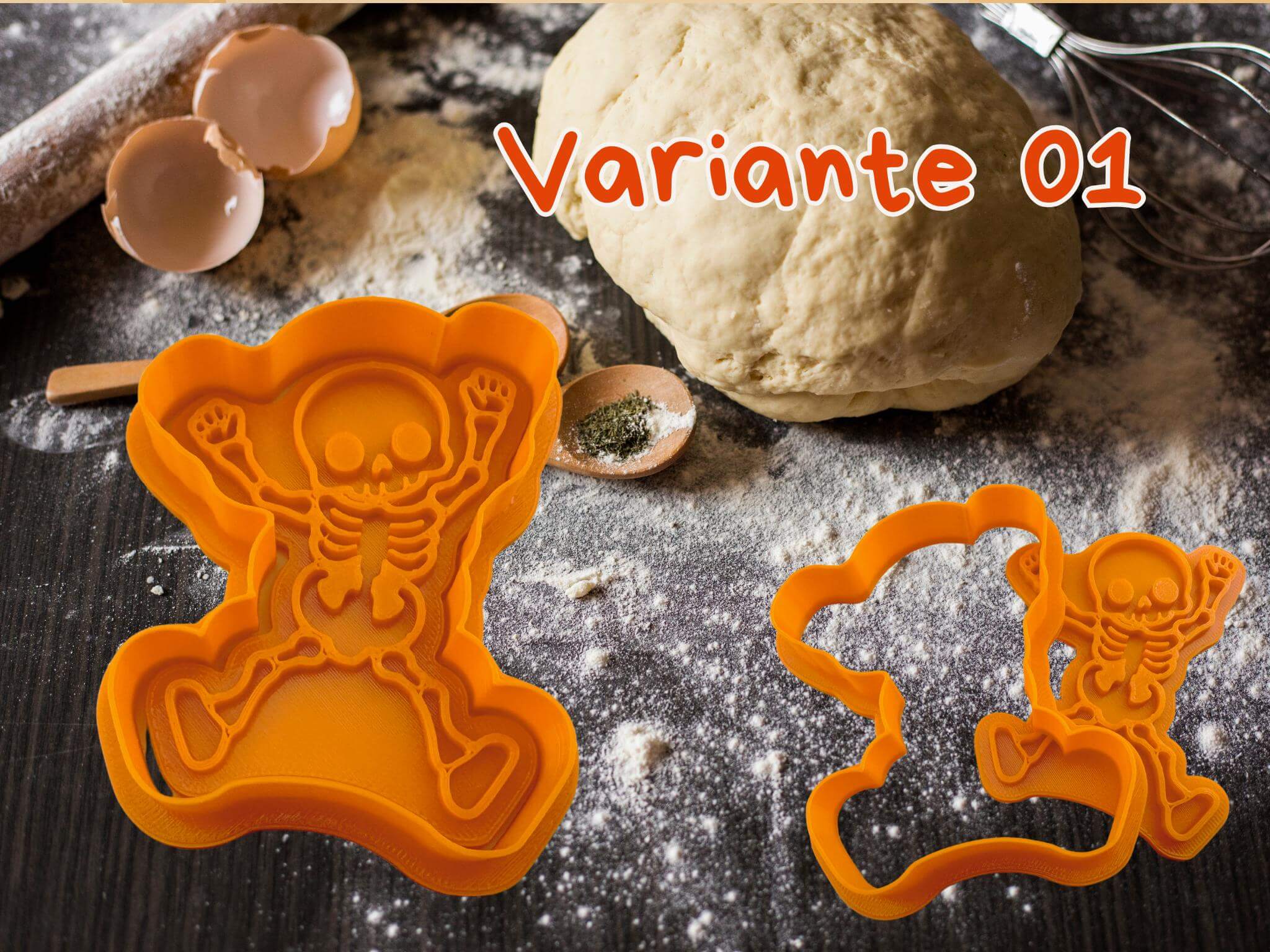Orange Skelett-Keksausstecher auf bemehlter Arbeitsfläche mit Teig, ideal für Halloween-Kekse und kreative Backideen.