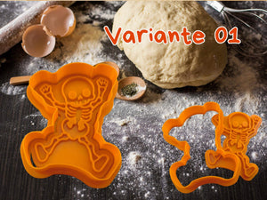 Orange Skelett-Keksausstecher auf bemehlter Arbeitsfläche mit Teig, ideal für Halloween-Kekse und kreative Backideen.