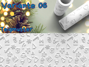 Festive rolling pin with Christmas patterns: gifts, snowflakes, and ornaments for holiday baking.