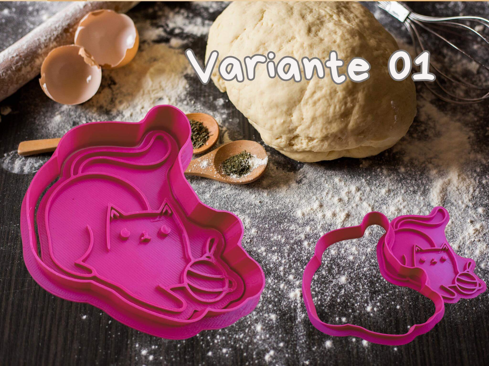 Pink cat-shaped cookie cutter on a floured surface with dough and rolling pin nearby, perfect for fun baking projects.