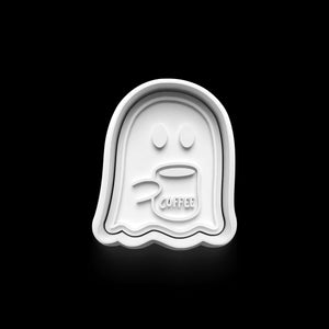 Ghost cookie cutter with coffee cup design for Halloween baking fun.
