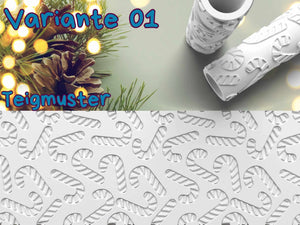 Weihnachtlicher Teigroller mit Zuckerstangenmuster, ideal für festliche Backprojekte und kreative Keksdesigns.