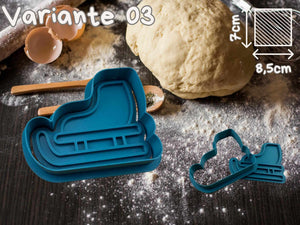 Winter cookie cutter shaped like an ice skate, designed for festive baking with precise details, on a flour-dusted surface.