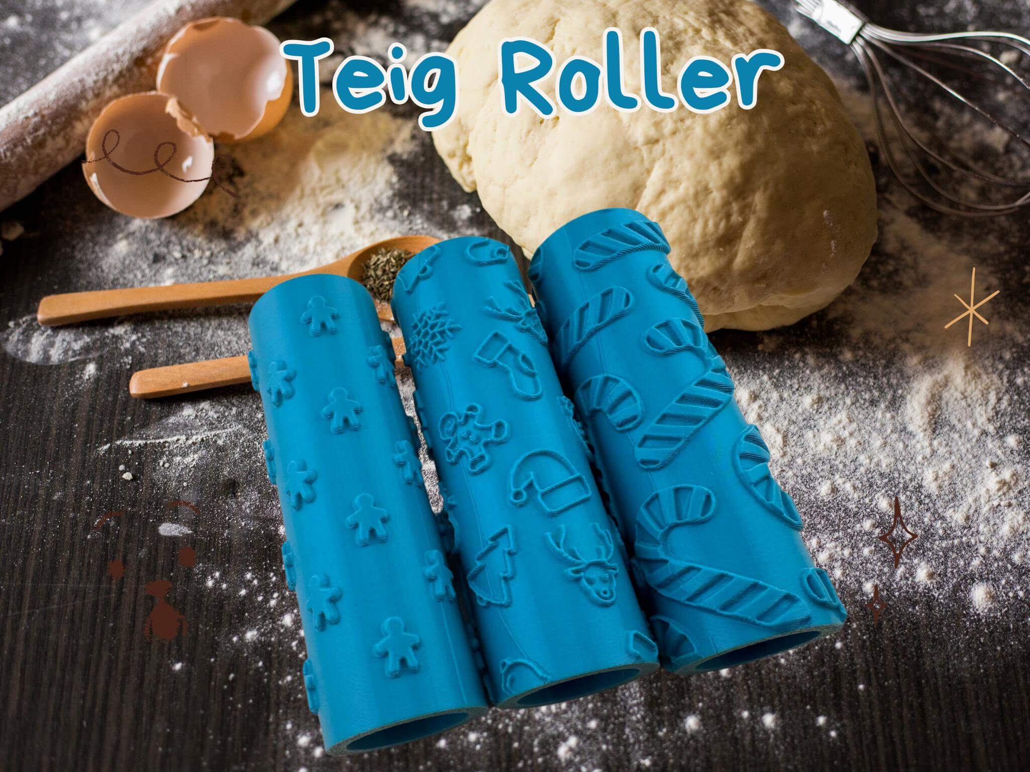 Blau teigrollender Weihnachtsmotive – Schneemann, Rentier und mehr für kreative Keksdesigns.