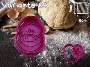 Purple engagement ring cookie cutter with baking ingredients in the background, perfect for Valentine's Day or weddings.