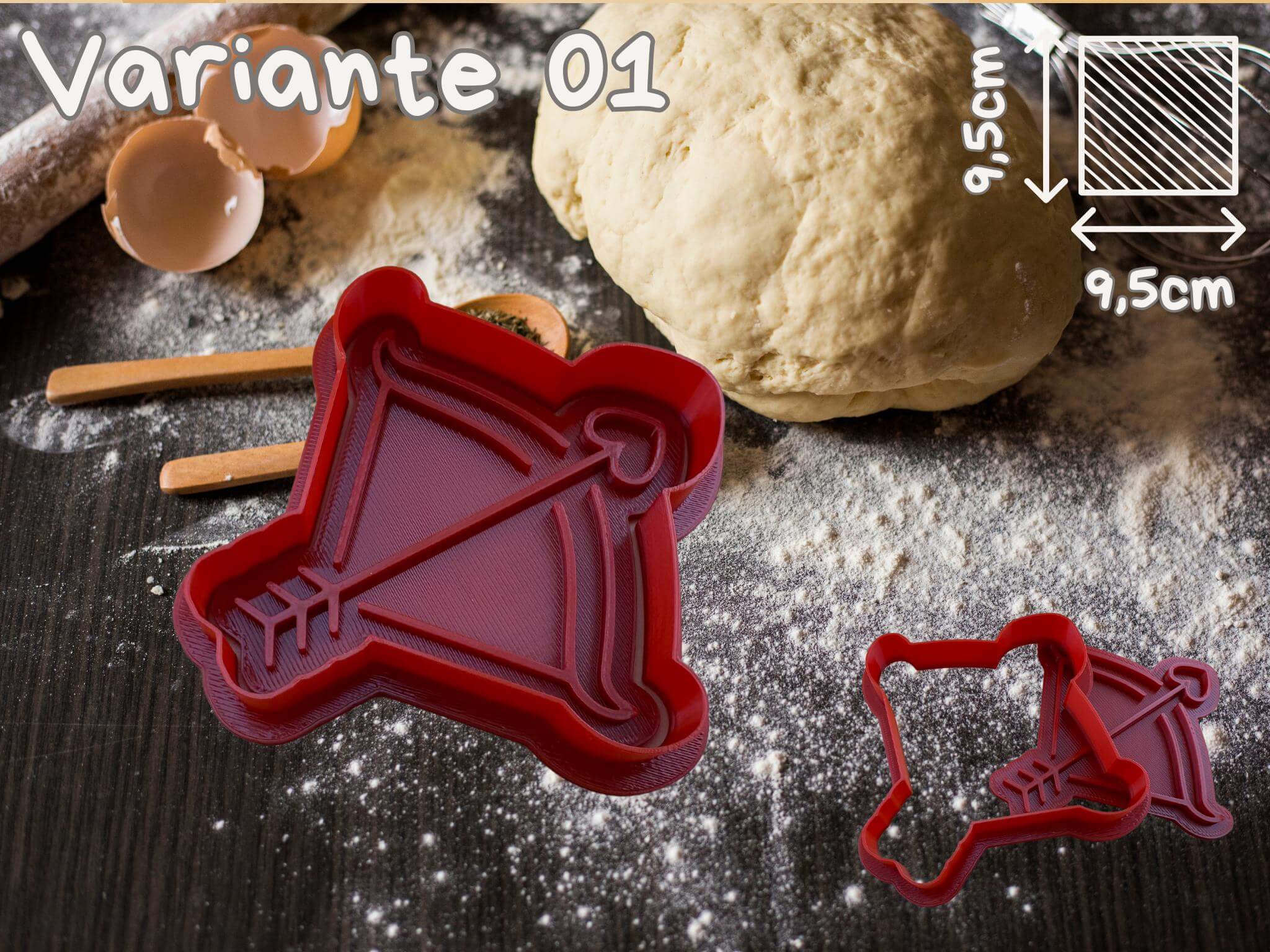 Herz-Pfeil Ausstecher auf Mehltisch mit Teigball und Nudelholz, perfekt für Valentinstag-Kekse. Maße: 9.5cm x 9.5cm.