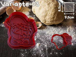 Red Christmas gnome cookie cutter on floured surface with dough, perfect for festive baking and creative kitchen fun.