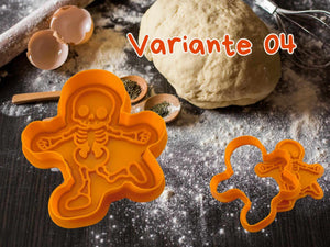 Orange skeleton cookie cutter on a flour-dusted table with dough, perfect for Halloween baking fun.