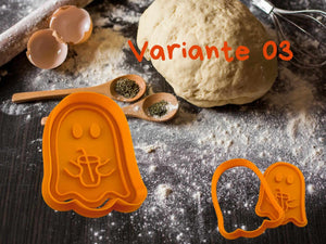 Orange ghost cookie cutter on a flour-covered surface, perfect for Halloween baking.
