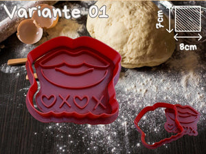 Red Valentine's Day cookie cutter in kiss shape, surrounded by flour and dough, ideal for romantic baking projects.