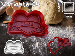 Red heart-shaped cookie cutter with 'LOVE' text, perfect for Valentine's Day baking. Includes dimensions: 9cm x 6.5cm.