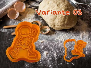 Orange skeleton cookie cutter on a baking table with dough, perfect for Halloween treats.