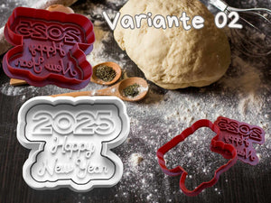 Alt Tag: Happy New Year 2025 cookie cutters with dough, perfect for festive baking projects and Silvester parties.