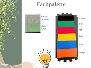 Farbpalette mit verschiedenen Farben wie Schwarz, Grün, Rot, Gelb, Blau und Orange zur kreativen Nutzung.