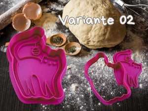 Purple cat-shaped cookie cutter on a flour-dusted surface, perfect for festive baking and creative cat-themed cookies.