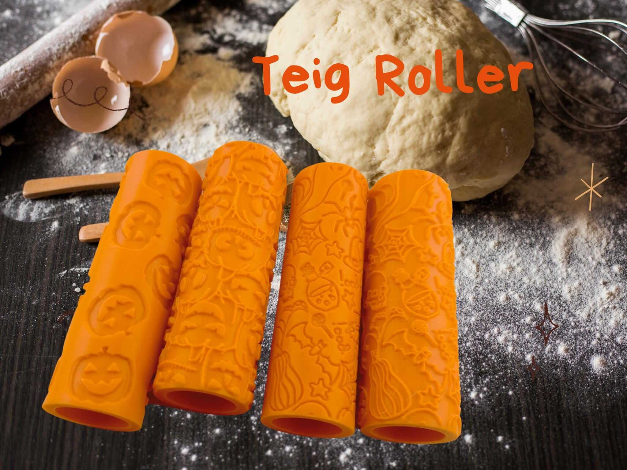 Halloween Teigroller in Orange mit gruseligen Motiven für Kekse und Backwaren.