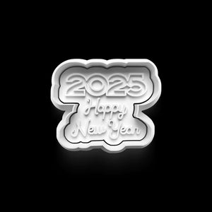 Happy New Year 2025 cookie cutter for festive baking, featuring '2025 Happy New Year' design on a black background.