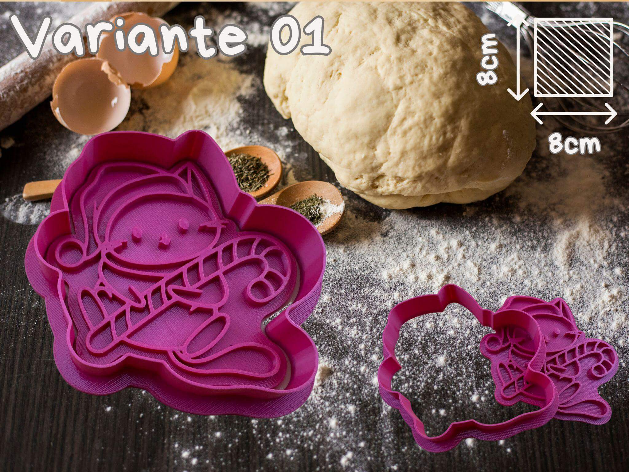 Purple Christmas cat cookie cutter with candy cane motif, perfect for festive baking and cat lovers, 8cm size variation 01.