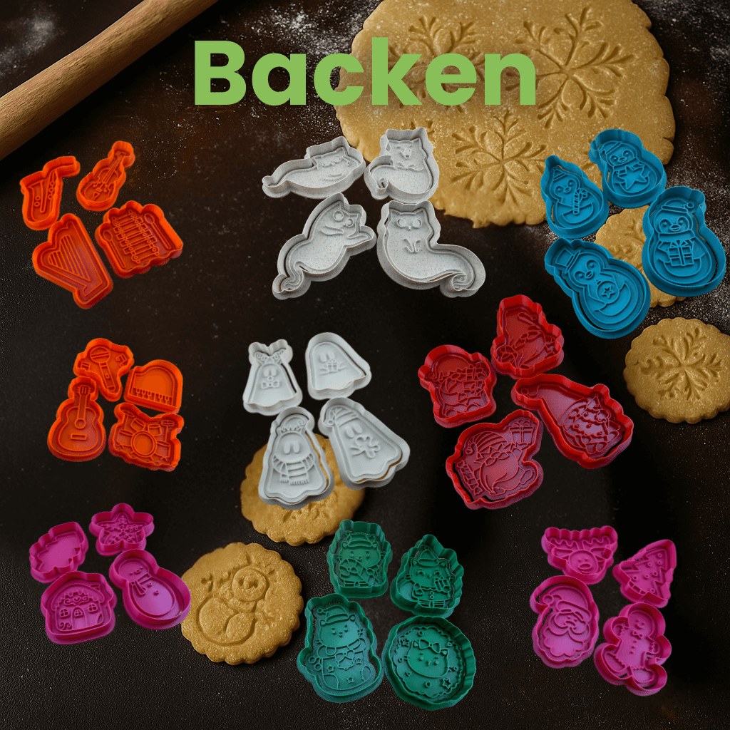 Colorful cookie cutters for every occasion, from Christmas to birthdays, crafted with precise 3D printing for creative baking.