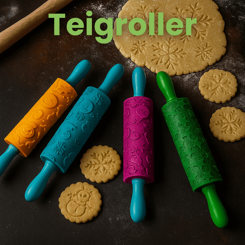 Colorful embossed rolling pins for creative bakers, perfect for adding fun patterns to cookies and pastries. Teigroller collection.