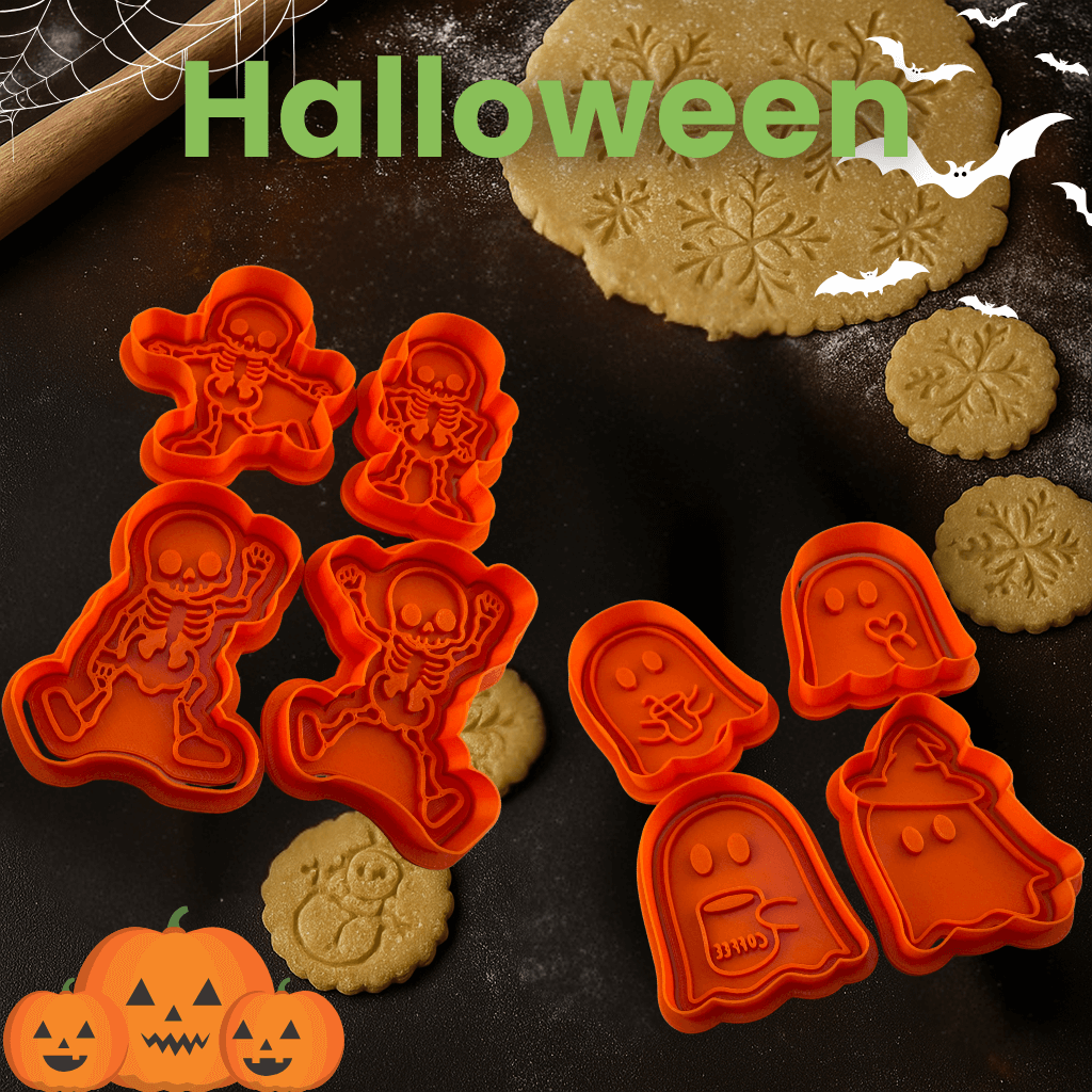 Halloween cookie cutters featuring skeletons and ghosts, perfect for spooky treats and creative baking adventures. 🎃