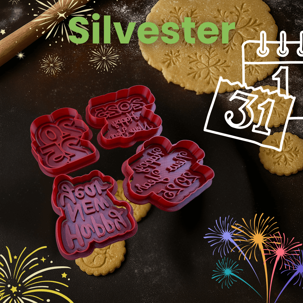 Silvester cookie cutters and festive cookies with fireworks design, perfect for New Year's celebrations and creative baking.