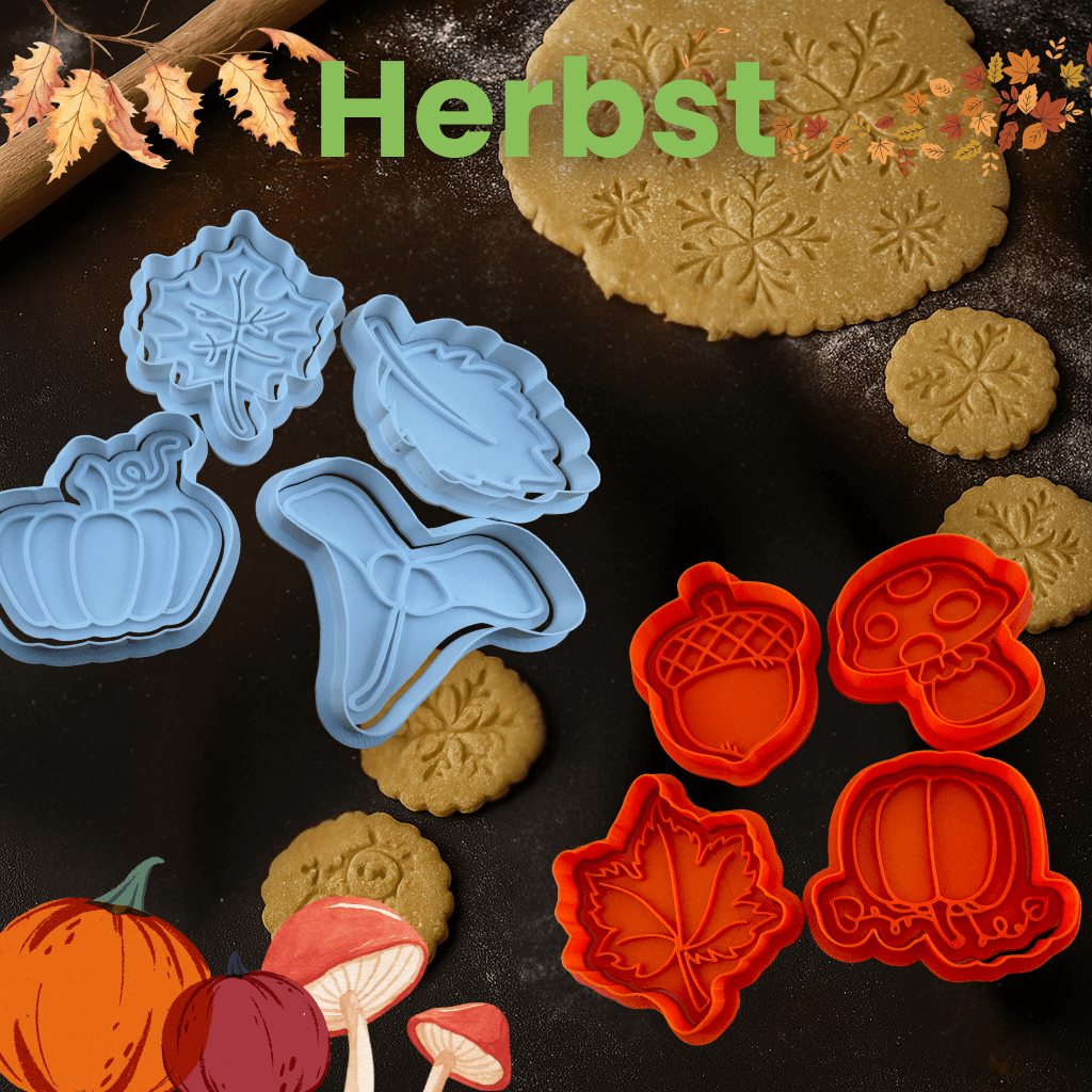 Ausstechformen zu Herbstmotiven wie Blätter und Eicheln für Plätzchen auf schwarzem Hintergrund mit Teig und Kürbissen.