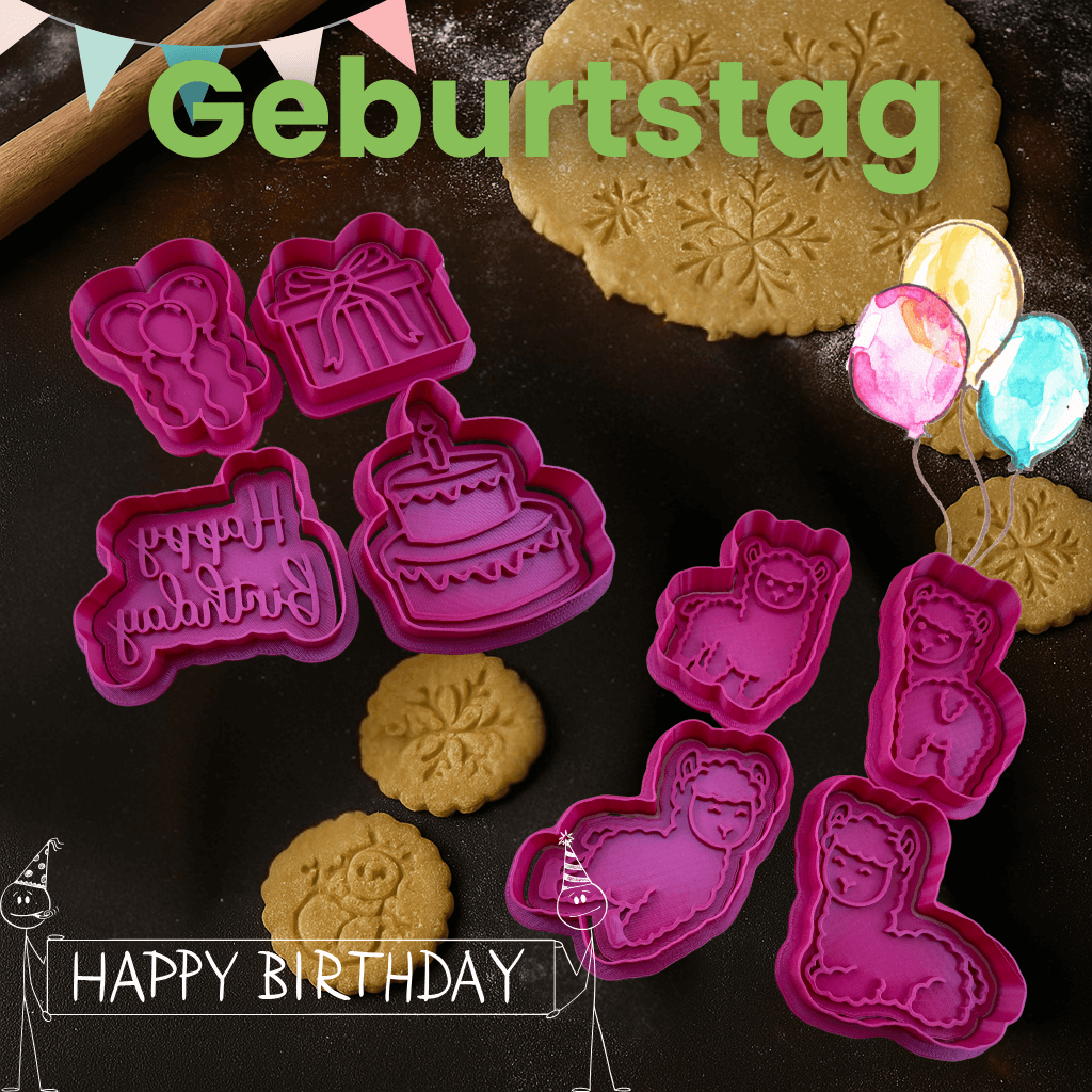 Bunte Keks Ausstecher für Geburtstag, mit Ballons und Happy Birthday Motiv, perfekt für Partys und Kindergeburtstage